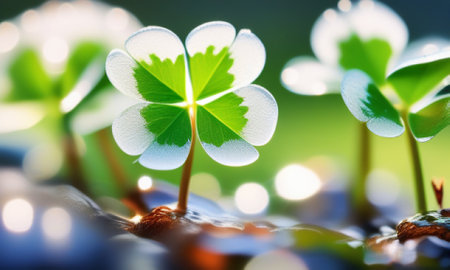 Four-leaved clover in water with bokeh effectの素材