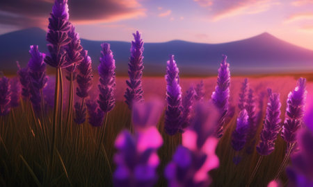 Purple lavender flowers in the field at sunset. 3d renderingの素材