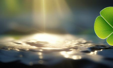 Green clover leaf on the water surface with sunbeams.の素材