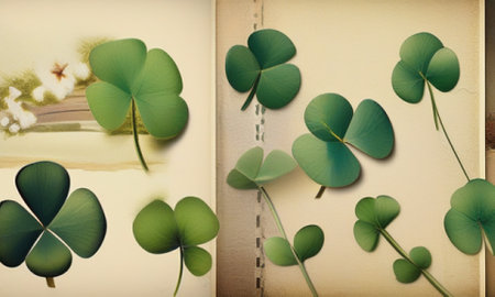 Clover leaves on vintage book background. St. Patrick's Dayの素材
