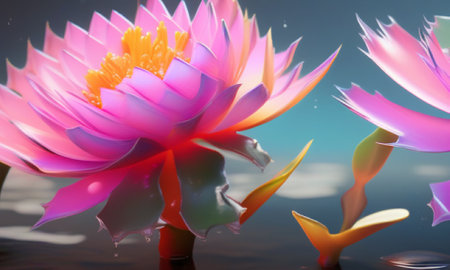 Beautiful lotus flower in the pond, 3d illustration.の素材