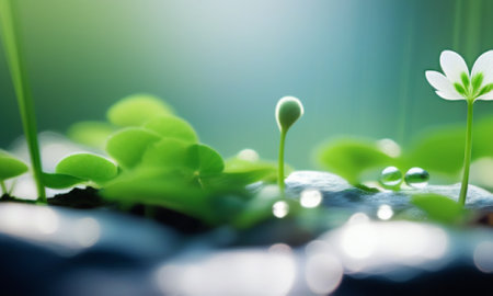 Green sprout with water drops. Close up. Nature background.の素材