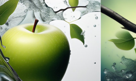 Green apple with water drops on green background. 3D illustration.の素材