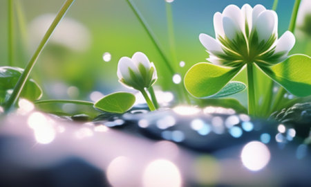 3d render, abstract spring background with green grass and white flowersの素材
