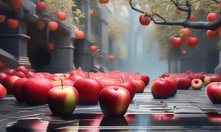 Red apples on the table in a Chinese garden, 3d renderの素材