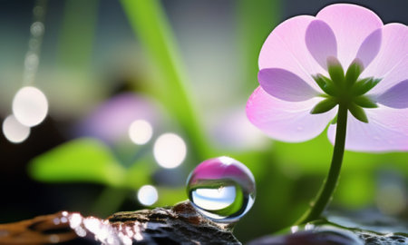 Water drop and flower in the garden. Nature and environment concept.の素材