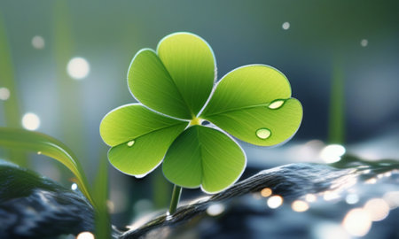 Green clover leaf with water drops on a dark background. 3d renderingの素材