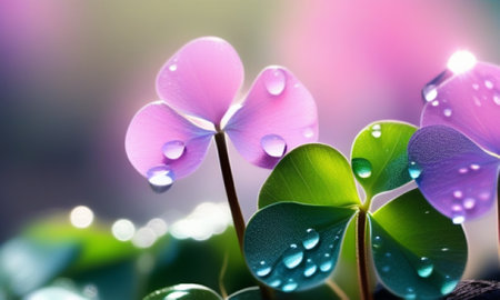 Water droplets on the leaves of a clover, close-upの素材