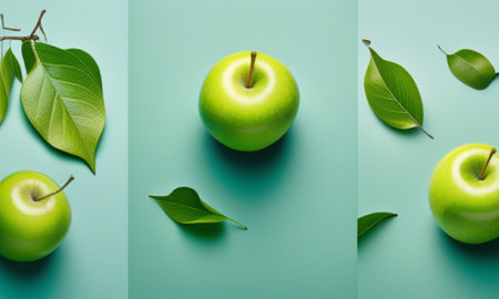 Green apples with leaves on green background. Flat lay, top viewの素材