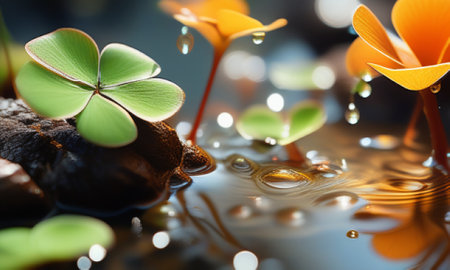 Clover leaves with water drops. 3D illustration. Nature background.の素材