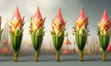 3d illustration of lotus flower in front of the city backgroundの素材