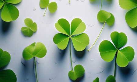 Green clover leaves with water drops. St. Patrick's Day background.の素材