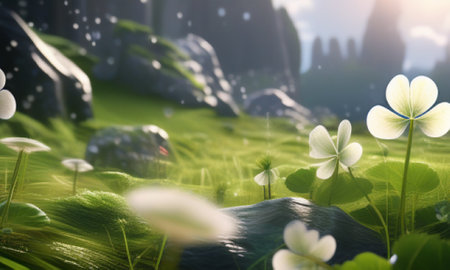 3d render of green grass and flowers in the park with sunlightの素材
