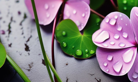 Water droplets on a purple flower with green leaves on black backgroundの素材