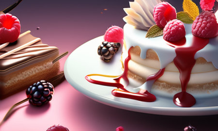 Piece of cake with raspberry and chocolate sauce. 3d illustrationの素材
