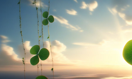 3d render of green clover leaves with sunset sky background.の素材