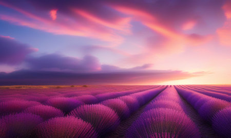 Lavender field at sunset. Nature composition. 3d renderの素材