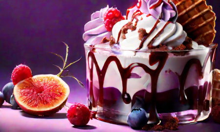 Chocolate ice cream with whipped cream and fresh berries on purple backgroundの素材
