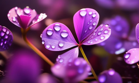 Close up of water drops on the leaves of a clover.の素材