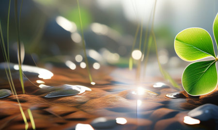 Green leaf on the rock with sunlight in the morning. 3d renderingの素材