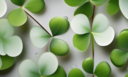 Green clover leaves with water drops on white background. Top viewの素材