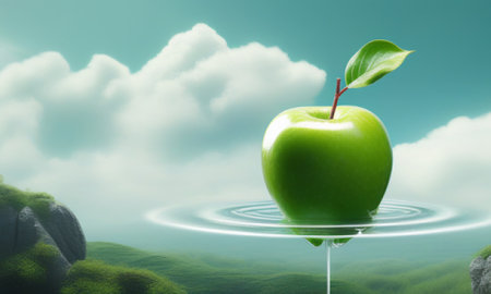Green apple in the water with green grass and blue sky background.の素材
