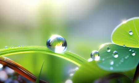 Water drops on fresh green grass with bokeh light background.の素材