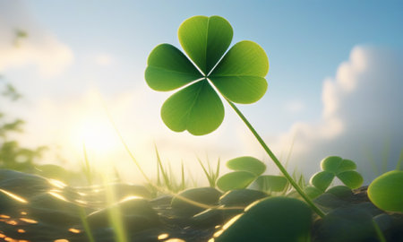St. Patrick's day background with clover leaves and sun raysの素材