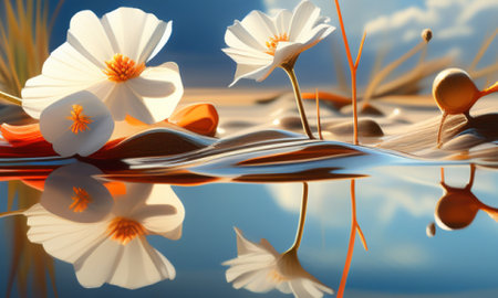 flowers reflected in the water. 3d rendering, illustration.の素材