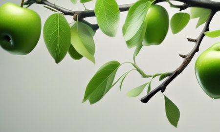 Green apples on a branch with green leaves on a white background.の素材