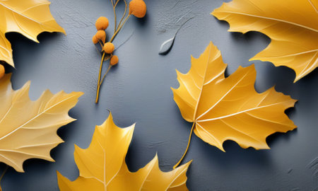 Autumn composition. Yellow maple leaves on black background. Flat lay, top view, copy spaceの素材