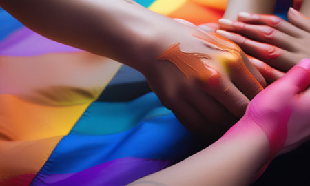 Close up of female hands with cream on her leg. LGBT conceptの素材