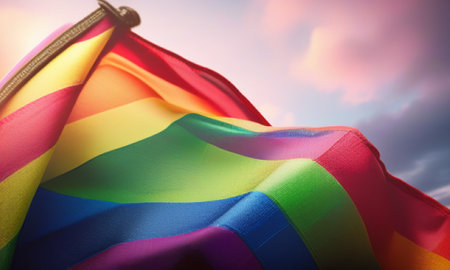 Rainbow flag against cloudy sky with vignette, 3d renderの素材