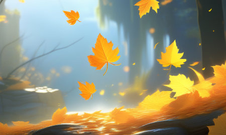Autumn leaves in the misty forest. 3D illustration.の素材