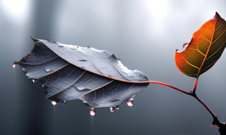 Close up of a leaf with water drops on it after a rainの素材