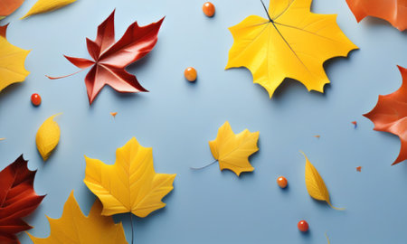 Colorful autumn leaves on blue background, top view. Space for textの素材