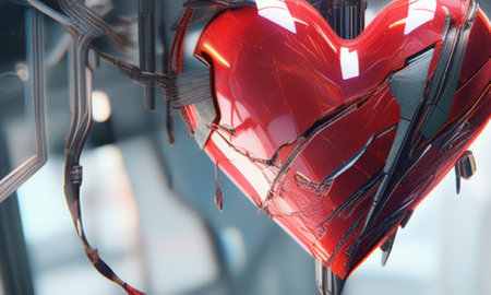 Red heart in shop window. Valentines day background. Love and romance conceptの素材