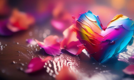 colorful rose petals in the shape of a heart on a dark backgroundの素材