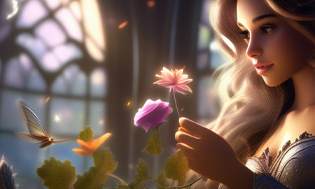 Beautiful young woman with a flower in her hands. Fairy tale.の素材