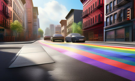 City street with a rainbow painted on the asphalt. 3d renderingの素材