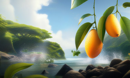 Mango fruit on the background of the waterfall. 3d renderingの素材