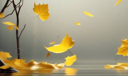 Autumn leaves floating in the water. Autumn background with yellow leavesの素材