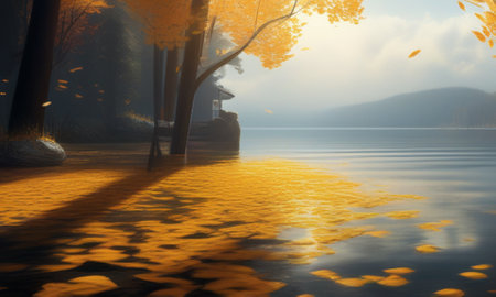 Autumn landscape with lake, trees and boat in foggy morningの素材