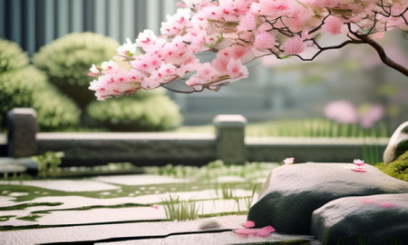 Japanese garden with cherry blossom tree and stone, 3d renderの素材