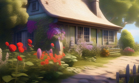 Digital painting of a cottage in the garden with blooming flowers.の素材