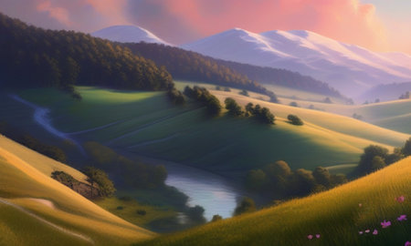 Beautiful spring landscape with mountains and meadows. Digital painting.の素材