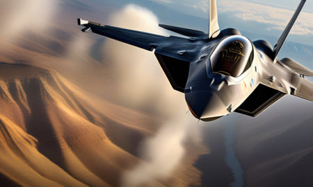 3D Illustration of a military fighter jet flying over the desertの素材