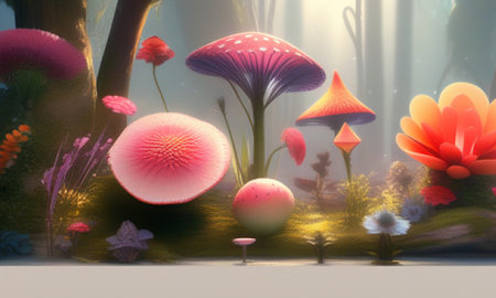 Fantasy landscape with mushrooms and plants. 3d render illustration.の素材