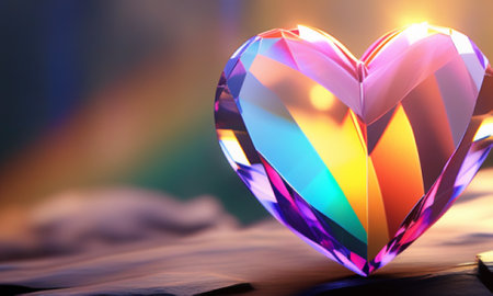 Heart shape gemstone on wooden background. 3d render illustration.の素材