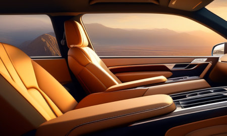 Interior of a modern car with orange leather seats. 3d renderの素材